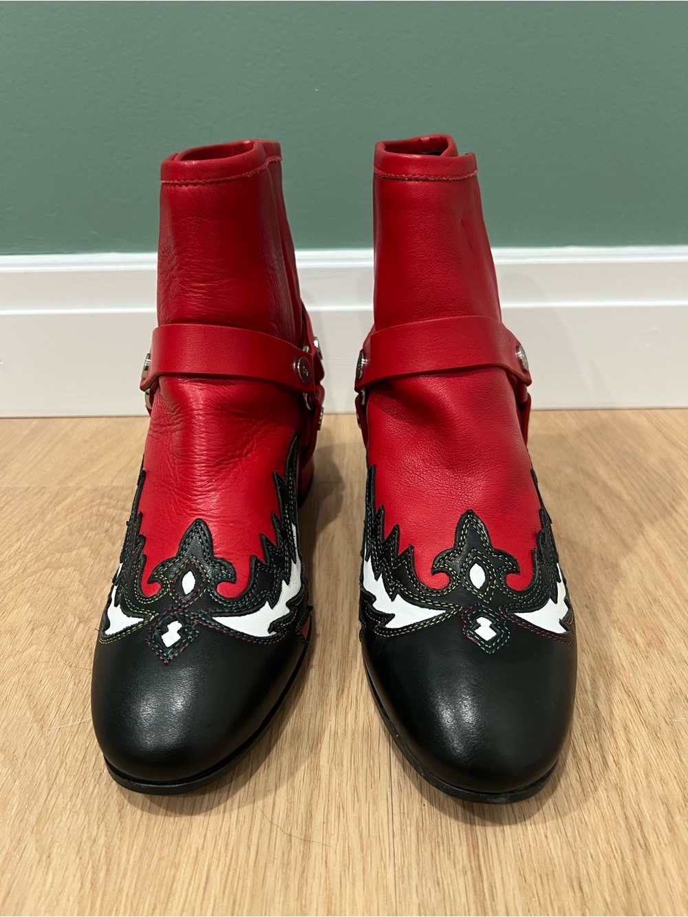 Zadig & Voltaire Red, Black and White Western-Inspired Leather Ankle Boots
